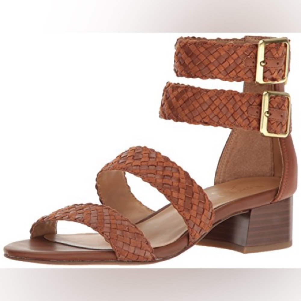 Franco Sarto Size 8.5 Braided Tan Brown Strappy Gold heels sandals